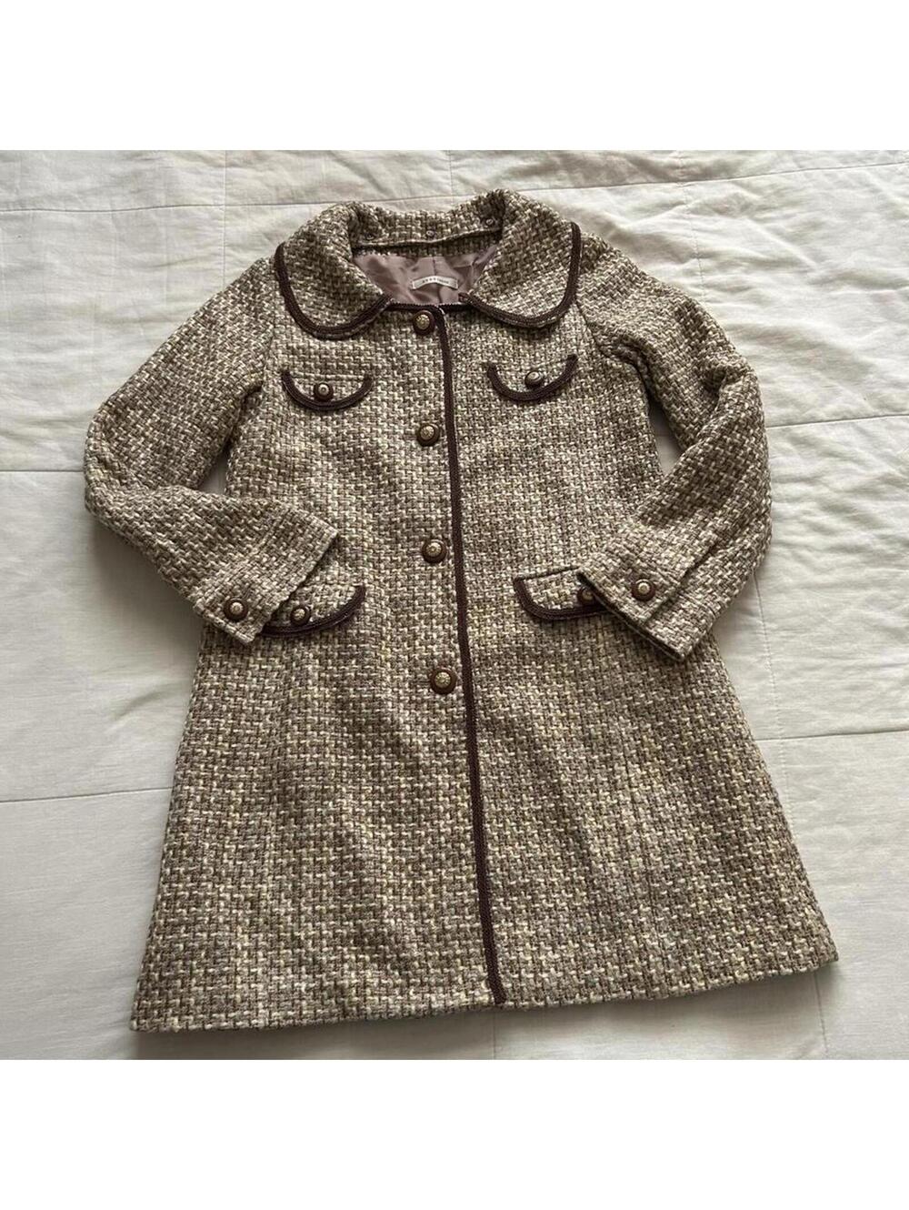 Axes Femme brown tweed Peter Pan collar coat with brown trim and buttons
